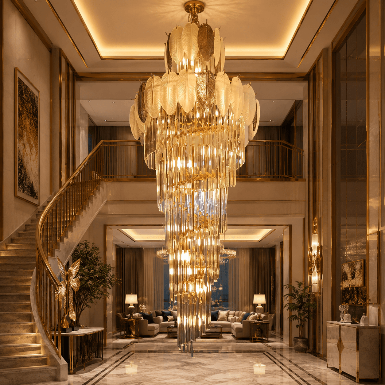 Aurora Aurelia 600mm Gold Leaf Cascading Crystal Staircase Chandelier