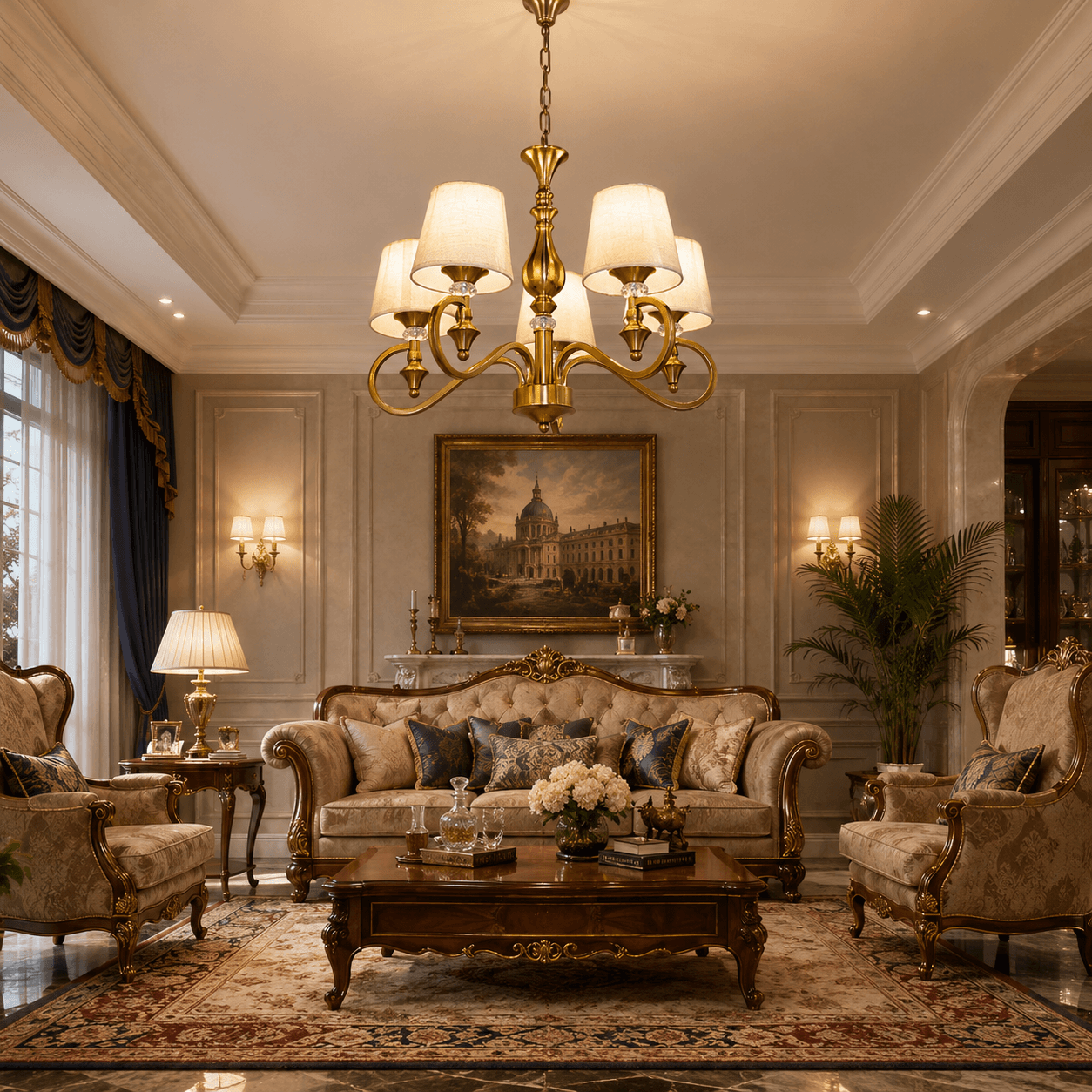 Classic 5-Light Gold Chandelier with Fabric Shades & Crystal Accents – Luxury Decorative Ceiling Light
